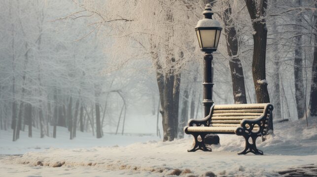 Park bench chair under tree during winter snow. Sidewalk lights on the quiet outdoor.	
