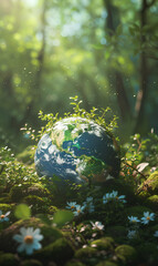 Obraz na płótnie Canvas Globe and flowers Save the planet concept earth day