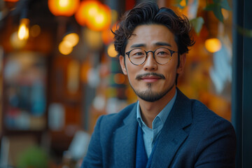 Obraz premium Portrait of handsome korean man wearing eyeglasses in office lobby
