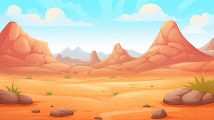 cartoon desert landscape with towering rock formations, a clear sky, and sparse vegetation. - obrazy, fototapety, plakaty