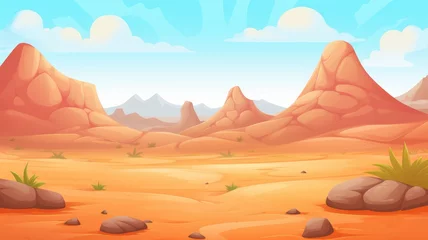 Foto op Plexiglas cartoon desert landscape with towering rock formations, a clear sky, and sparse vegetation. © chesleatsz