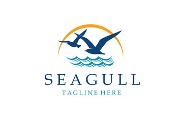 icon of sea waves with seagulls isolated on white background