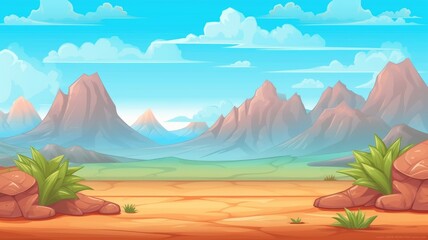 cartoon desert landscape with towering rock formations, a clear sky, and sparse vegetation. - obrazy, fototapety, plakaty