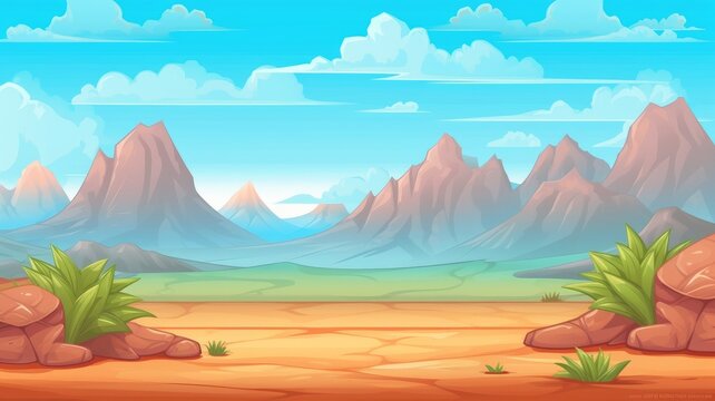 cartoon desert landscape with towering rock formations, a clear sky, and sparse vegetation.