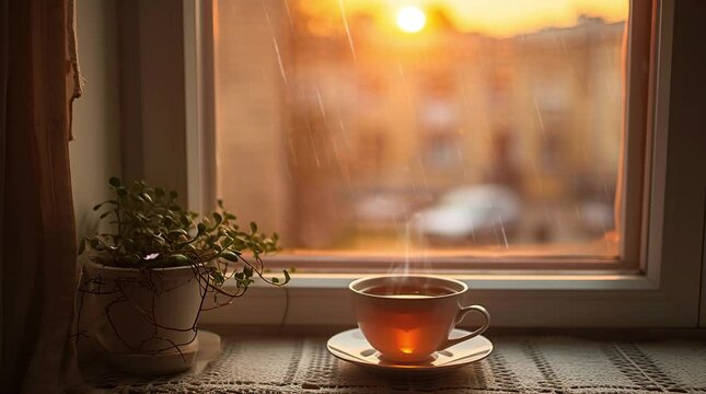 Cozy cup of tea by rain-splattered window on a tranquil rainy day Seamless looping 4k time-lapse virtual video animation background. Generated AI