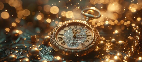 Luxury golden vintage pocket watch isolated blur glitter background. AI generated image - obrazy, fototapety, plakaty