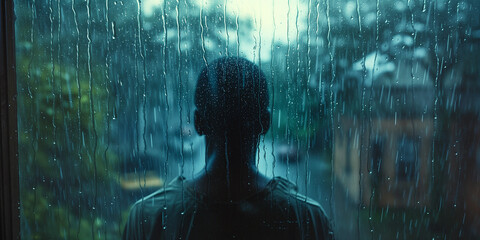 an african american teenager stands on his door step looking out at the rain while the rain flows on the window behind him - obrazy, fototapety, plakaty