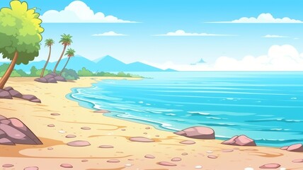 Fototapeta na wymiar colorful cartoon illustration of a tropical beach with clear skies, palm trees, and distant mountains.