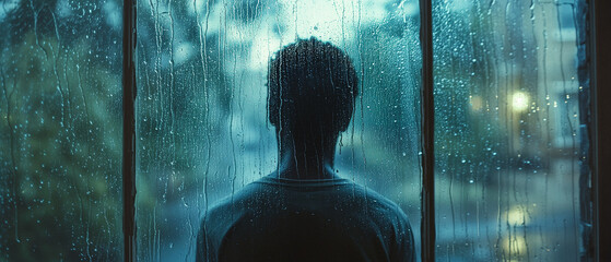an african american teenager stands on his door step looking out at the rain while the rain flows on the window behind him - 737604278