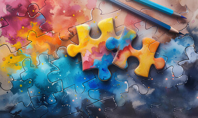 background with colored puzzles in autism day concept - obrazy, fototapety, plakaty