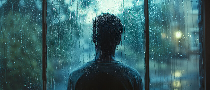 An African American Teenager Stands On His Door Step Looking Out At The Rain While The Rain Flows On The Window Behind Him