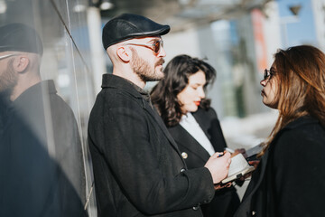 A group of young entrepreneurs engaged in a productive business meeting outside, showcasing teamwork and collaboration in an urban setting.