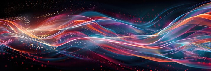 Abstract cosmic flow with vibrant colors and ethereal star particles. Background for technological processes, science, presentations, education, etc - obrazy, fototapety, plakaty