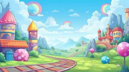 cartoon illustration landscape featuring a candy-themed castle, a railway track, and vibrant nature under a sky with rainbows