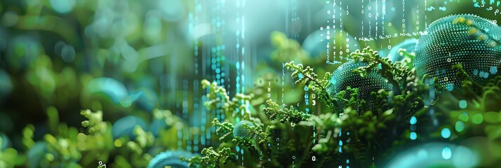 Futuristic digital binary code intertwined with natural green plants concept. Background for technological processes, science, presentations, education, etc
