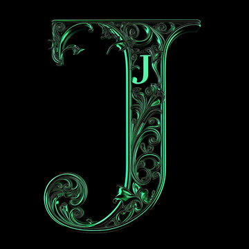  Letter J detailed Art Nouveau sculpture icon on black background