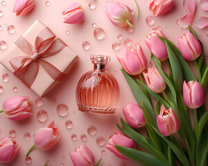 Bottle of perfume and tulips on pink background, spring flat lay