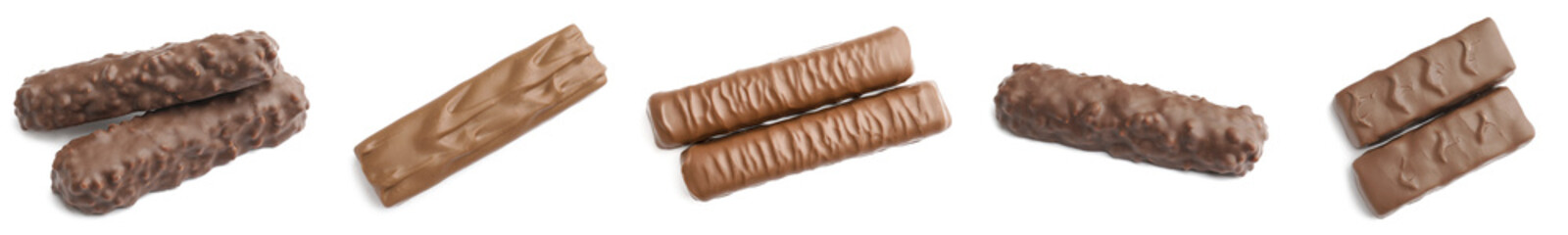 Set of sweet chocolate bars on white background