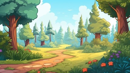 Summer forest landscape. cartoon illustration of a lush forest path surrounded by vibrant green trees and blooming flower