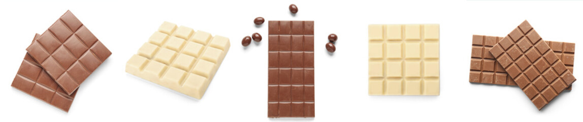 Set of different sweet chocolate on white background
