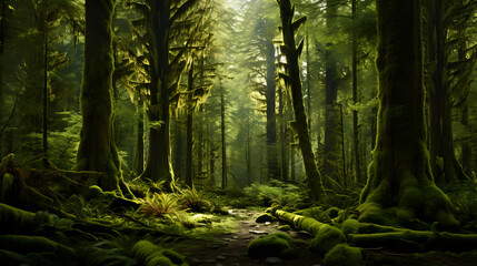 Fototapeta na wymiar Resplendent Magnificence of an Untouched Forest Canopy - A Scenic Blend of Lush Greens and Shadows