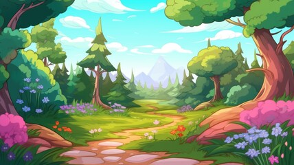 Summer forest landscape. cartoon illustration of a lush forest path surrounded by vibrant green trees and blooming flower