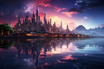 Wallpaper murals Reflection a futuristic city is reflected in the water at sunset