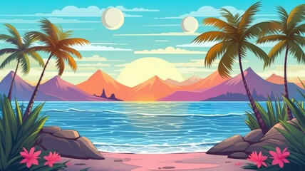 Fototapeta na wymiar cartoon illustration Summer tropical beach with mountains and islands.