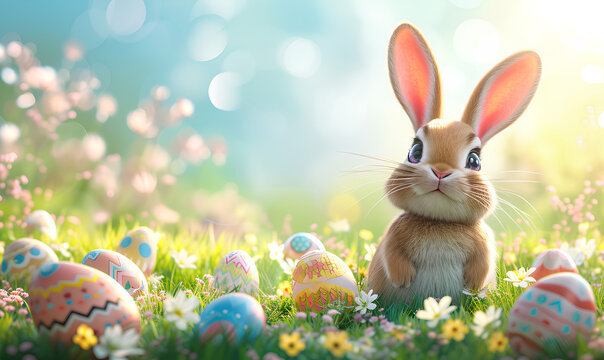Easter bunny and easter eggs in green grass with flowers.