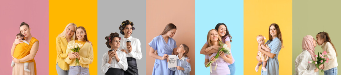 Collage of happy mothers and their children on color background. Mother's Day celebration
