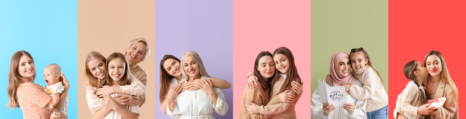 Collage of happy mothers and their children on color background. Mother's Day celebration - obrazy, fototapety, plakaty