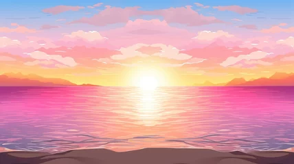 Foto op Plexiglas cartoon illustration Sunset or sunrise on the beach landscape with beautiful pink sky and sun reflection © chesleatsz