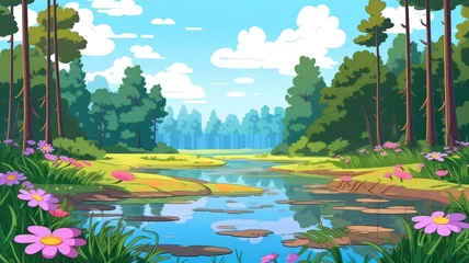 Foto op Canvas cartoon illustration Swamp or lake with water lilies in forest. © chesleatsz