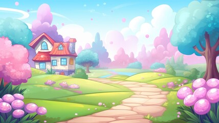 cartoon whimsical landscape with mushroom houses, a stone path, greenery, and a bright sky.