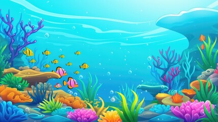 cartoon vibrant underwater scene with colorful corals, seaweed, and fish