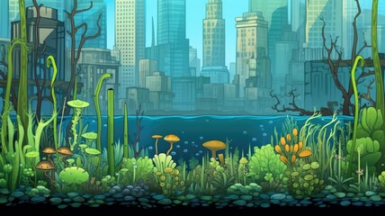 cartoon vibrant underwater scene with colorful corals, seaweed, and fish