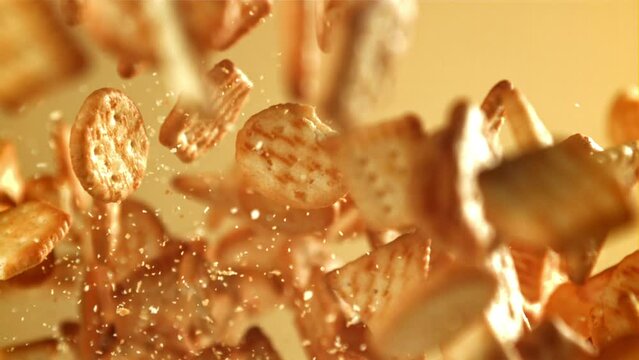Cookies fly up and fall down. Filmed on a high-speed camera at 1000 fps. High quality FullHD footage