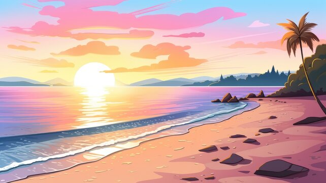 cartoon illustrator View on the beach at sunrise