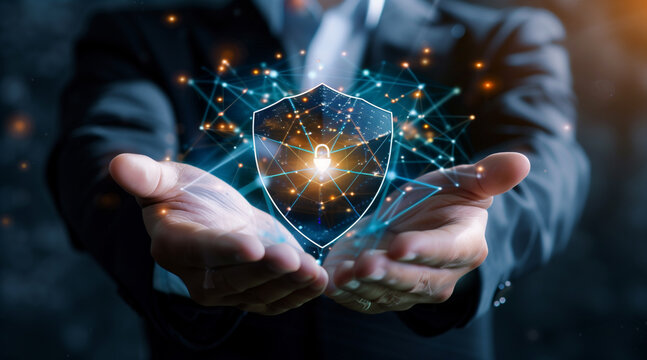 Businessman hands holding shield protection on networking data, antivirus firewall, hack or medical assurance concept