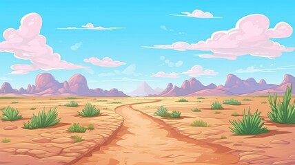 cartoon desert landscape with rocky formations, a clear sky, and sparse vegetation