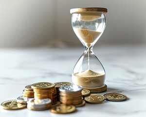 An hourglass with sand, symbolizing time's transient nature, is perched above meticulously arranged stacks of coins