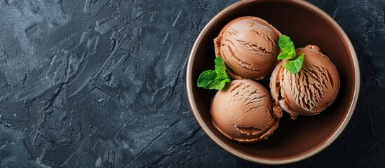 Delicious sweet chocolate ice cream with mint leaf in bowl for summer dessert food. AI generated - obrazy, fototapety, plakaty