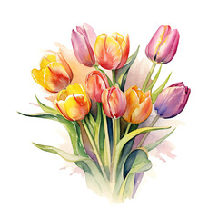 Colorful Tulips Watercolor Spring Bouquet