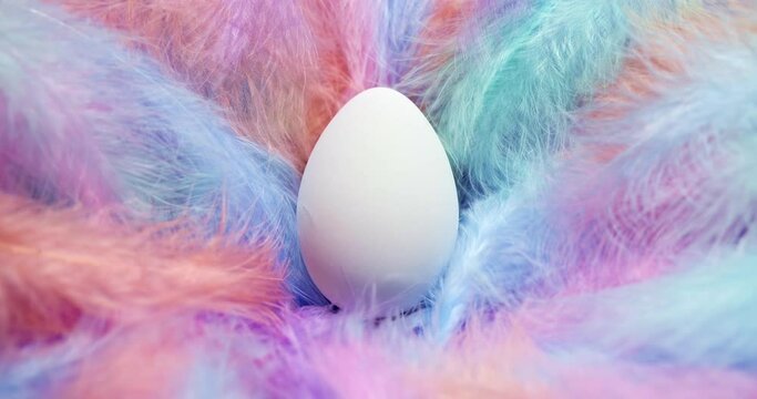 Soft fluffy pastel feathers blowing in the wind with a single white Easter Egg. Gentle Easter theme with egg in delicate nest of feathers.
