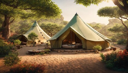 Camping tent in the desert at sunset. ai generative