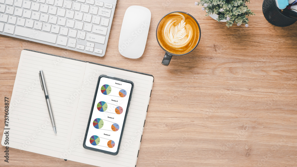 Poster business analytics concept, overhead view of a business desk featuring a smartphone displaying pie c