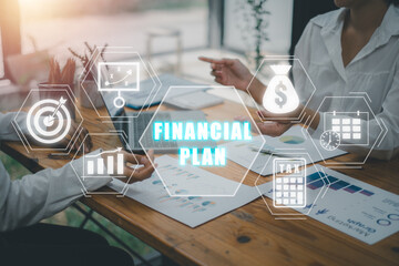 Financial plan concept, Business team analytics chart and graph on desk with financial plan icon on...