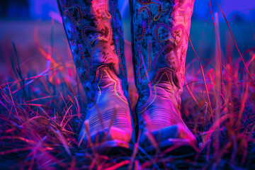 Minimalist Pop Art Cowgirl and Cowboy Boot in Colorful Grass Landscape