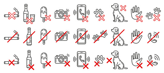 Prohibition shop sign, no dog animal allowed, smoking, forbidden pet entry, food or drink, do not use mobile phone for call, photo camera line icon set. Cigarette, alcohol, touch with hand ban. Vector