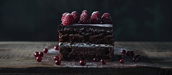 Tasty delicious sweet cubic black forest cake on dark background. AI generated image - obrazy, fototapety, plakaty